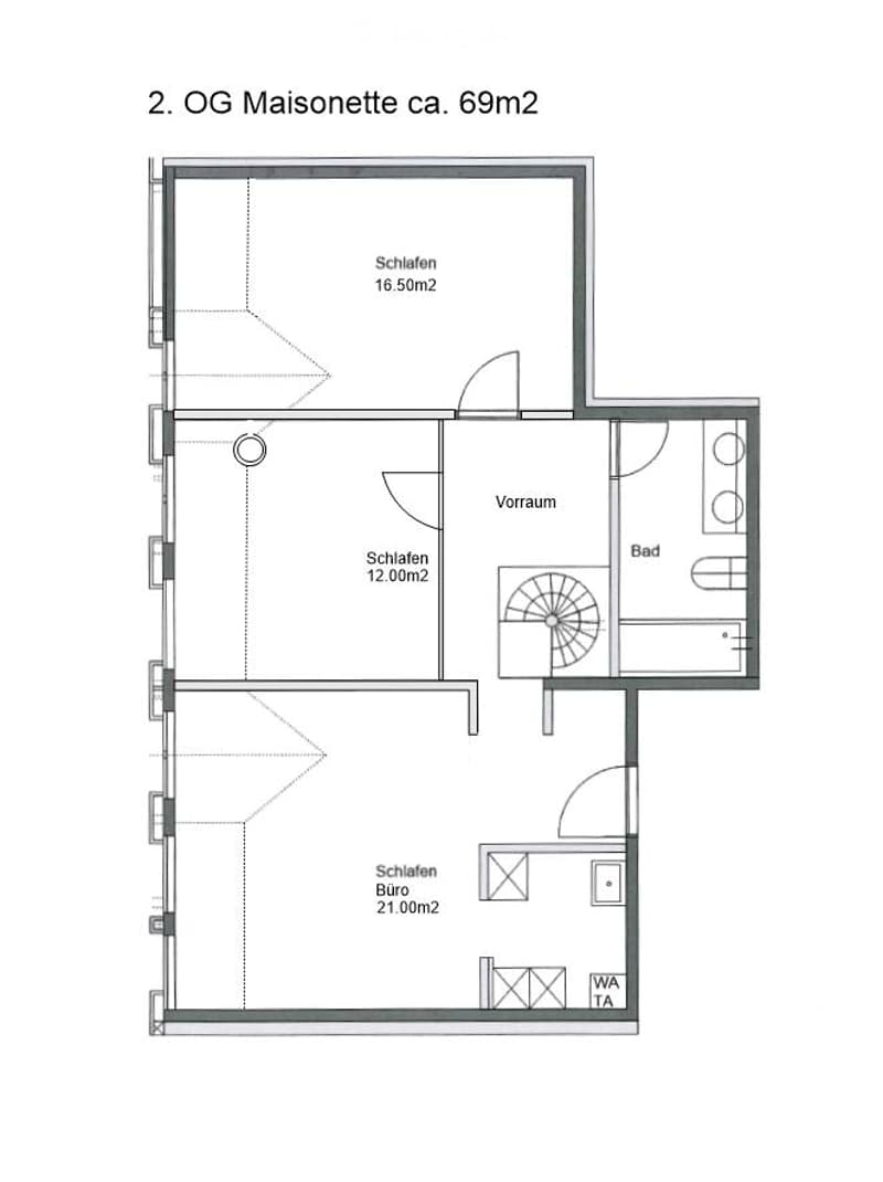 Floor plan of a 69m² maisonette with three bedrooms, a bathroom, hallway, and office space.