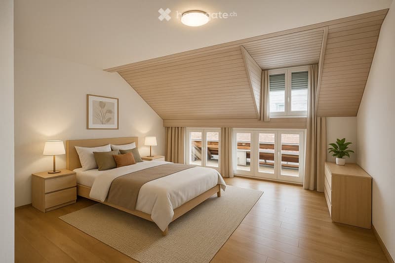 Cozy bedroom with wooden floors, a large bed with pillows and blankets, nightstands with lamps, a picture frame on the wall, and a potted plant on a wooden dresser. Large windows and sliding glass doors lead to a balcony.