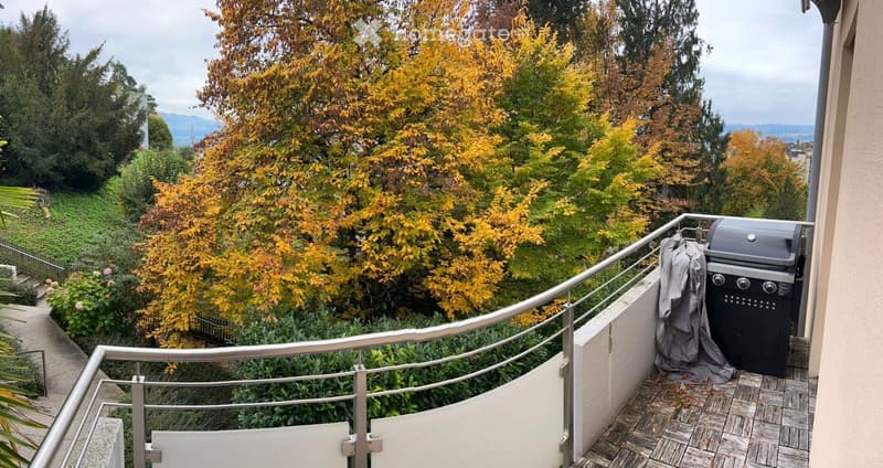 Balcony with a modern metal railing, tiled floor, and a covered barbecue grill. The view includes autumn-colored trees and a landscaped garden.