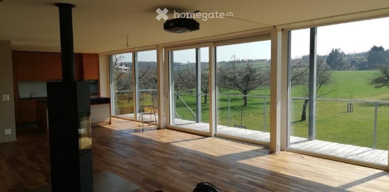 Bright, open-plan living and dining area with large glass sliding doors leading to a scenic outdoor view. Features wooden flooring, modern kitchen cabinets, a central fireplace, and a single chair near the entrance.