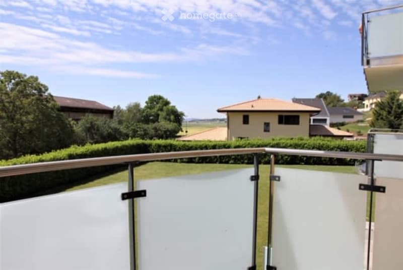 Balcony overlooking a green lawn and neighboring houses, with a clear blue sky and distant fields.