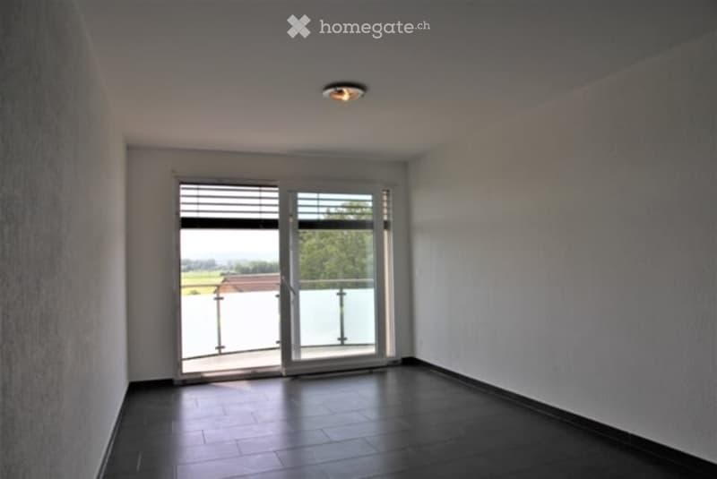 Empty room with dark tiled floor, white walls, and large sliding glass door leading to a balcony with outdoor view.