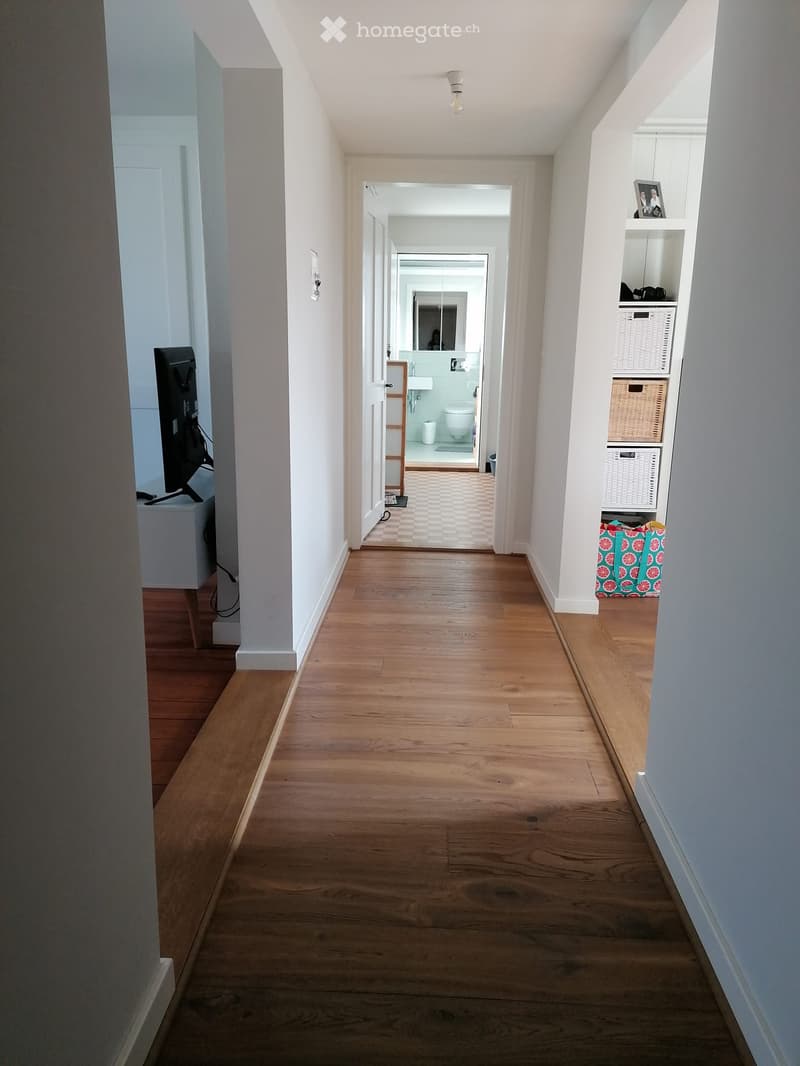 A long, narrow hallway with wooden flooring and white walls, leading to a bathroom and other rooms. Visible items include a TV on a stand, a shelf with baskets, and a colorful bag on the floor.
