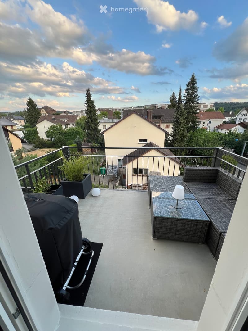 Balcony with a wicker sofa, small table with a lamp, and a covered barbecue. There are also a few round balls and a potted plant visible.