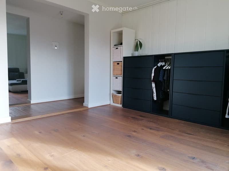 Empty room with wooden flooring, white walls, and a large wardrobe with drawers and hanging space. A small shelf unit with baskets and a potted plant is visible.
