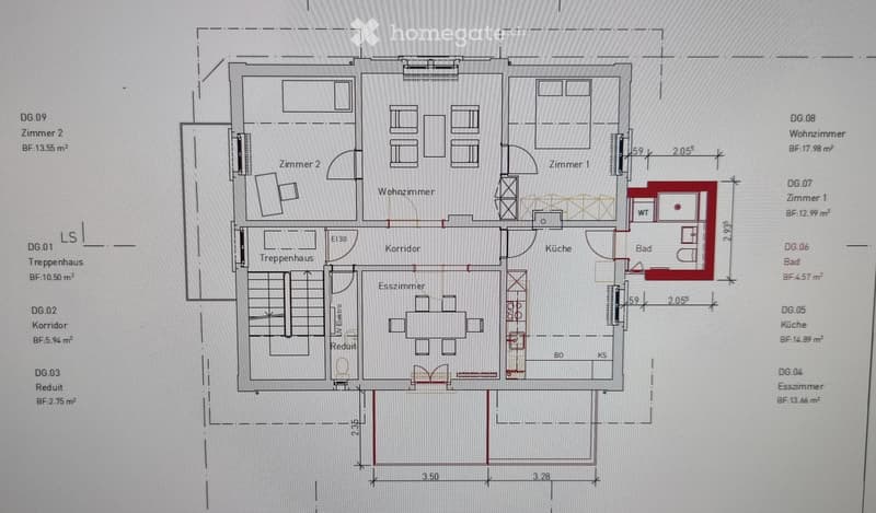 Floor plan showing multiple rooms including living room, kitchen, bedrooms, bathrooms, and corridors. Dimensions and room labels are provided.
