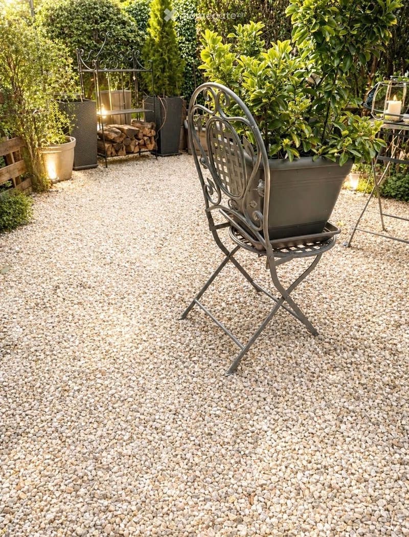 Garden area with gravel ground, metal folding chair, potted plants, and decorative elements.
