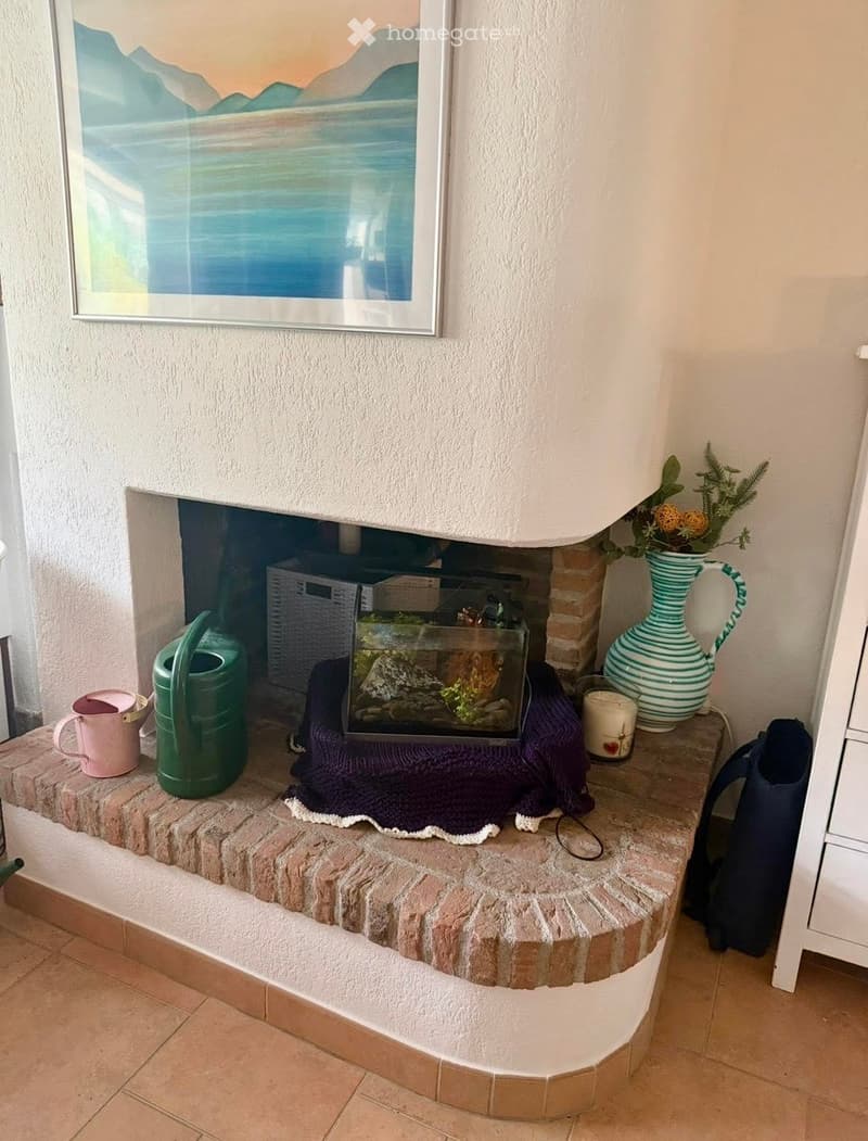 A cozy fireplace area with a fish tank, vase with flowers, garden can, and other decorative items on the mantel.