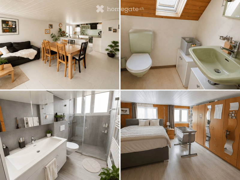 Four images showing a modern house with a living room, kitchen, bathroom, and bedroom. The living room features a sofa, dining table, and kitchen area. The bathroom includes a toilet, sink, and shower. The bedroom has a bed, wardrobe, and baby cot.