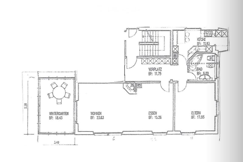 Floor plan showing a multi-room layout including a kitchen, living room, dining area, and several bedrooms and bathrooms.