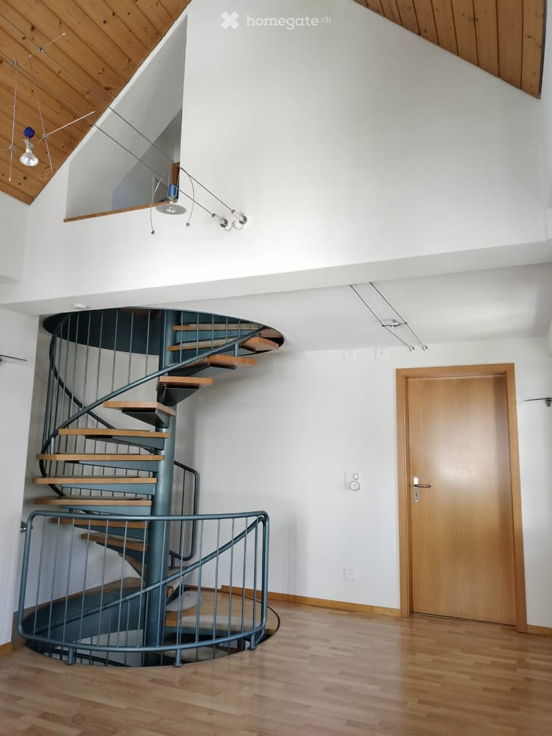 Spacious hallway with a modern spiral staircase featuring wooden steps and a metal railing, wooden flooring, white walls, and a wooden door leading to another room.