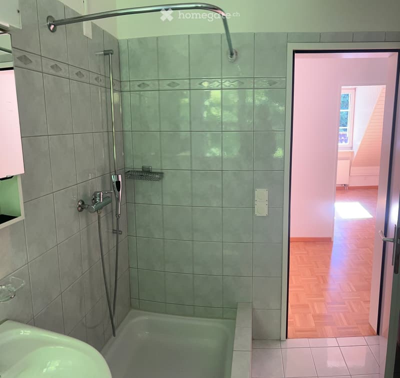 Modern bathroom with a bathtub, glass-enclosed shower, and a chrome showerhead. The walls are tiled in grey with decorative diamond-shaped tiles near the top. A small shelf is visible on the left side.