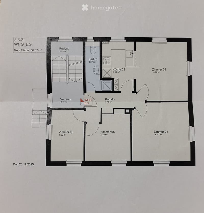 Floor plan of a 66.87 m² apartment with six rooms: Podest, Bad 01, Küche 02, Zimmer 03, Zimmer 04, Zimmer 05, Zimmer 06, Vorraum, and Korridor.