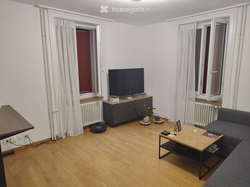 Modern living room with wooden flooring, large windows, grey sofa, coffee table, TV stand, and small table with plant.