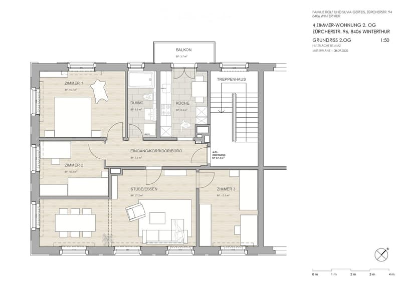 Floor plan of a 4-room apartment on the 2nd floor, including a balcony, kitchen, living/dining area, three bedrooms, and a bathroom.