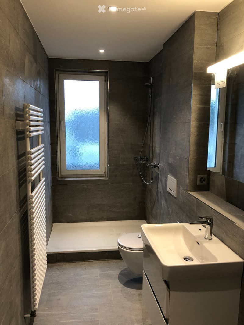 Modern bathroom with dark grey tiles, a bathtub, toilet, sink, and a radiator on the left wall. A frosted window provides natural light.