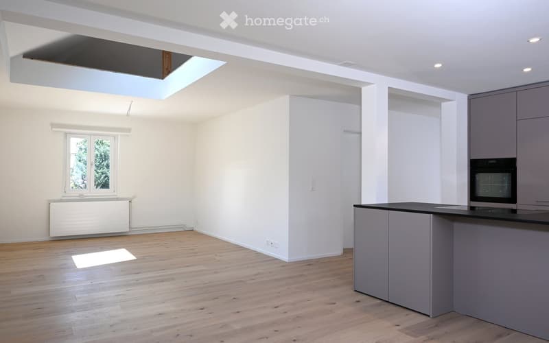 Empty kitchen with light wooden flooring, white walls, grey cabinets, and a black countertop. Features a skylight, a window, and a radiator.
