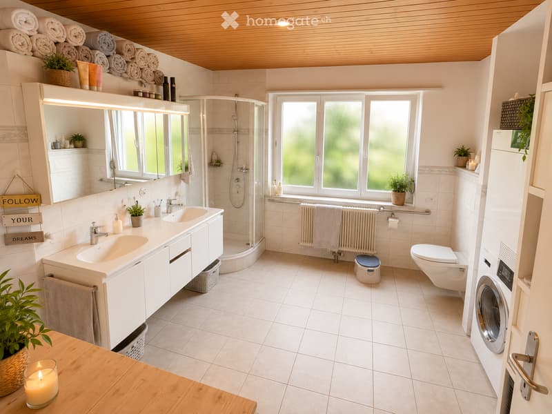 Modern bathroom with white tiles, a large sink with a mirror, a shower, a toilet, a washing machine, and decorative plants and candles.
