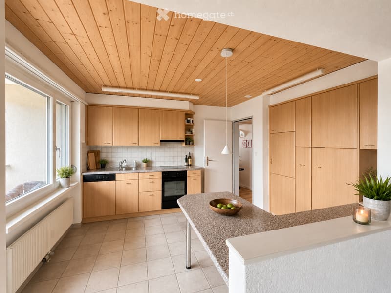 Modern kitchen with light wooden cabinets, granite countertop, built-in oven, dishwasher, and pendant lighting. Features a central island with a bowl of fruit and a candle, along with potted plants on the windowsill and counter.