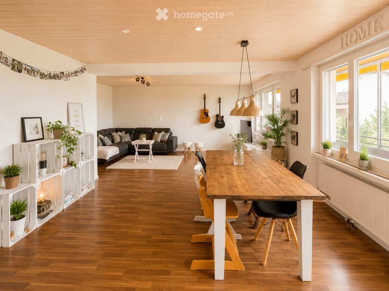 Bright, open living and dining area with wooden flooring, large windows, a black sofa, a wooden dining table with chairs, guitars on the wall, and decorative plants and shelves.