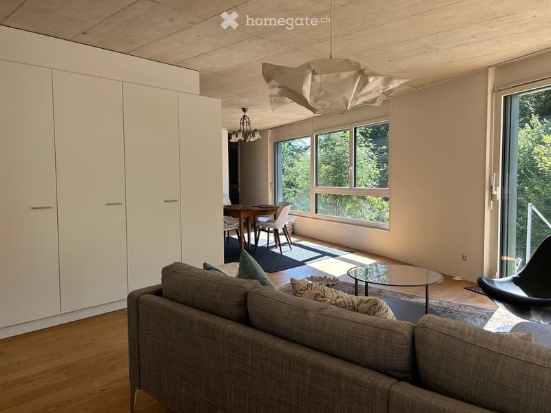 Modern living room with a grey sofa, glass coffee table, dining area with chairs, and large windows overlooking greenery.