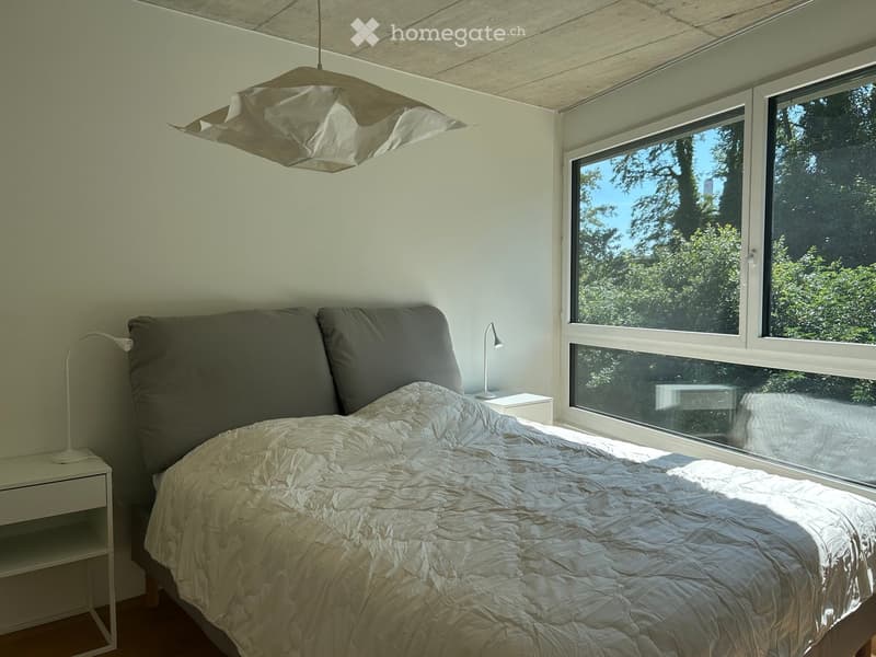 Modern bedroom with a large bed, nightstands, and large windows offering a view of greenery outside.
