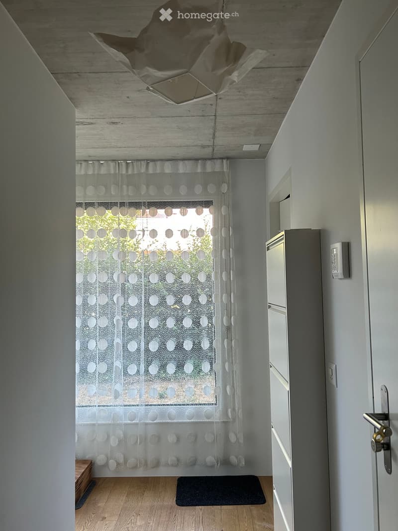 Empty hallway with wooden flooring, white walls, and a window with a sheer curtain featuring circular patterns. A small black doormat is placed in front of the door.