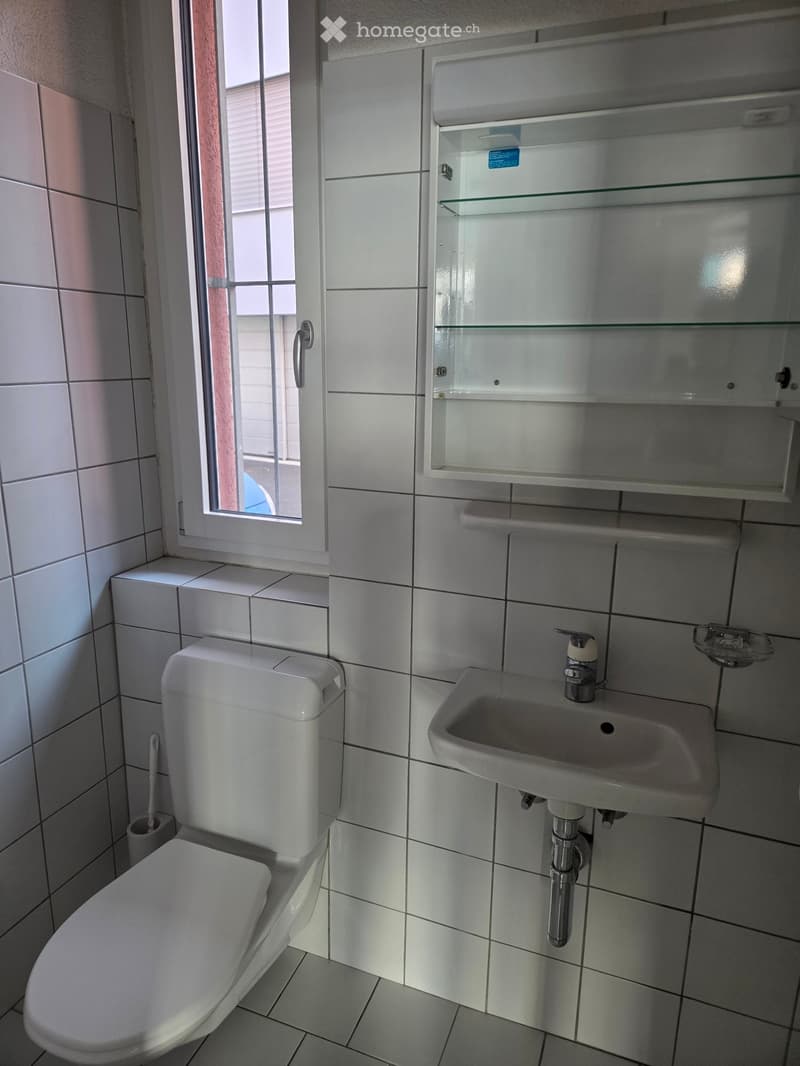 Bathroom with white tiles, white toilet, white sink, glass cabinet, window with blinds