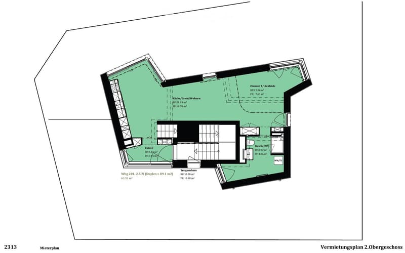 Floor plan of a 2-story apartment with a kitchen/dining/living area, bedroom, bathroom, entrance, and staircase.