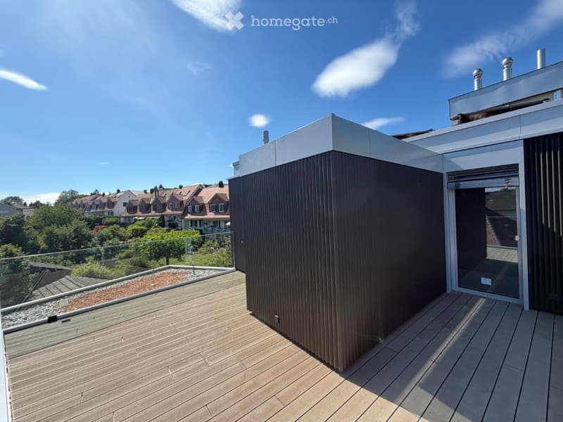 Wooden deck terrace with modern glass railing, overlooking a residential neighborhood with houses and trees.
