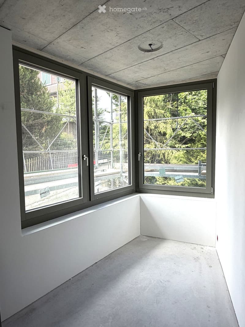 Empty room with white walls, concrete floor, and large windows with grey frames, offering a view of greenery outside.
