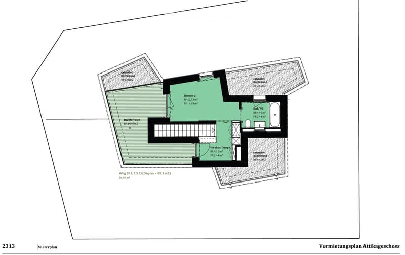Floor plan of a 2.5-story duplex apartment with labeled rooms including Zimmer 2, Bad/WC, Dachterrasse, and Vorplatz Treppe.
