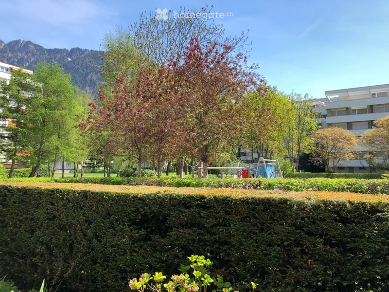 A well-maintained garden area with trimmed hedges, trees, and a playground in the background, with apartment buildings and a mountain view.