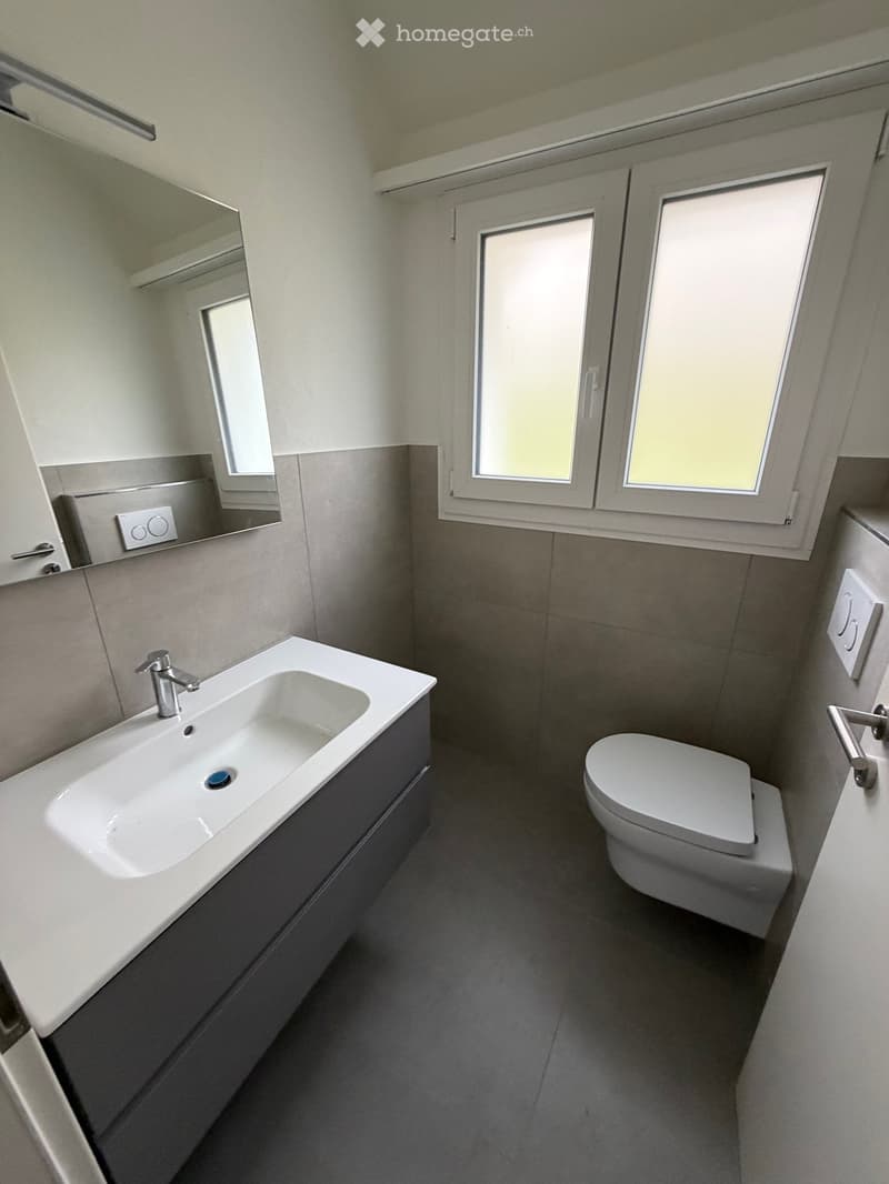 Bathroom: white sink, mirror, modern toilet, two large windows, tile flooring