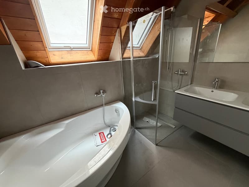 Freestanding bathtub, glass shower enclosure, double sinks, mirror, wooden ceiling, window, Velux sticker on bathtub