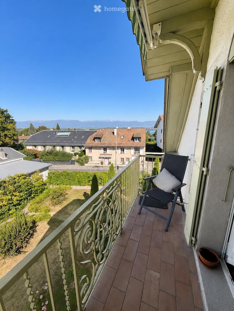 Balcony with tiled floor, ornate metal railing, black folding chair with white cushion, and a small flower pot.