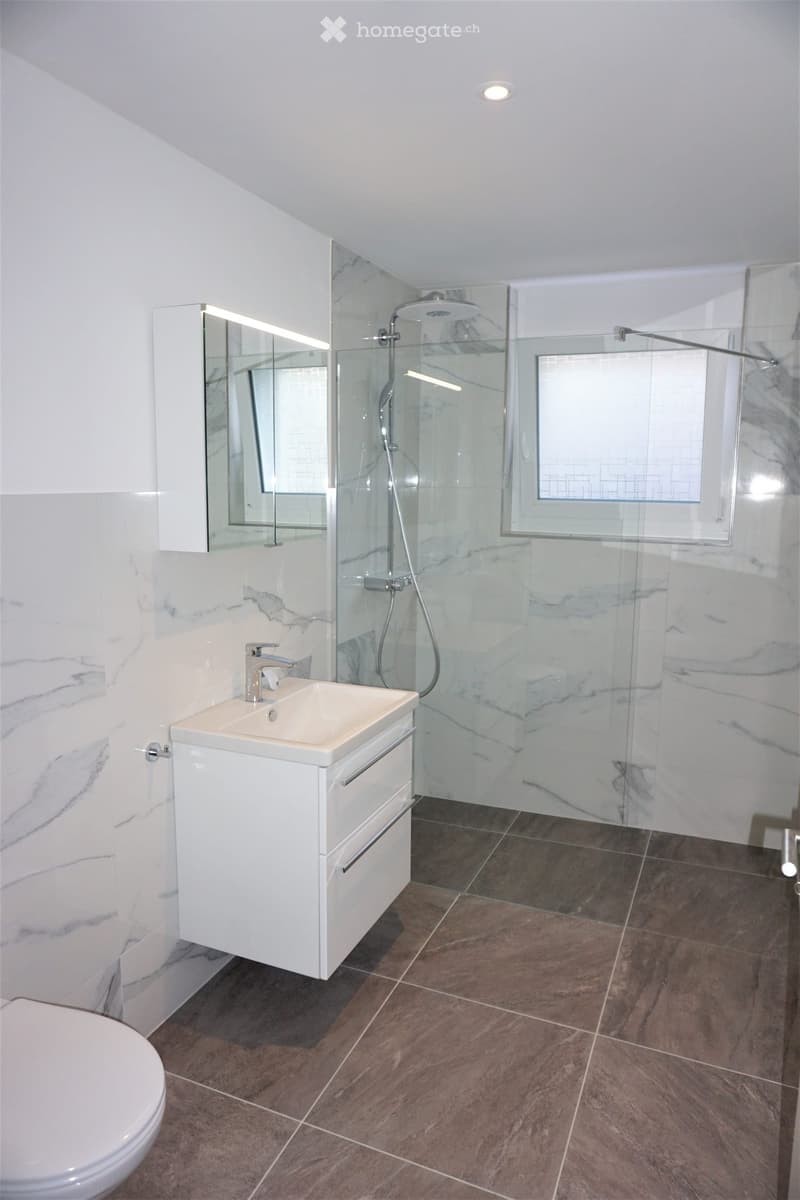 Modern bathroom with white marble walls, a white sink with a chrome faucet, a large mirror, a glass-enclosed shower, and a toilet.