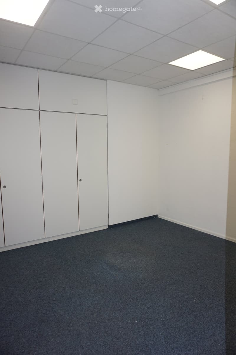 Empty room with white walls, dark carpeted floor, and white built-in cabinets.