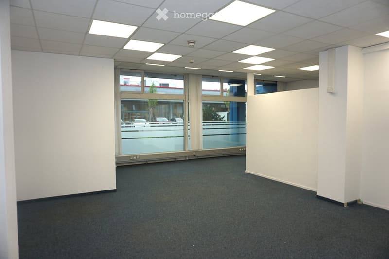 Empty office space with white walls, carpeted floor, large windows, and fluorescent ceiling lights.