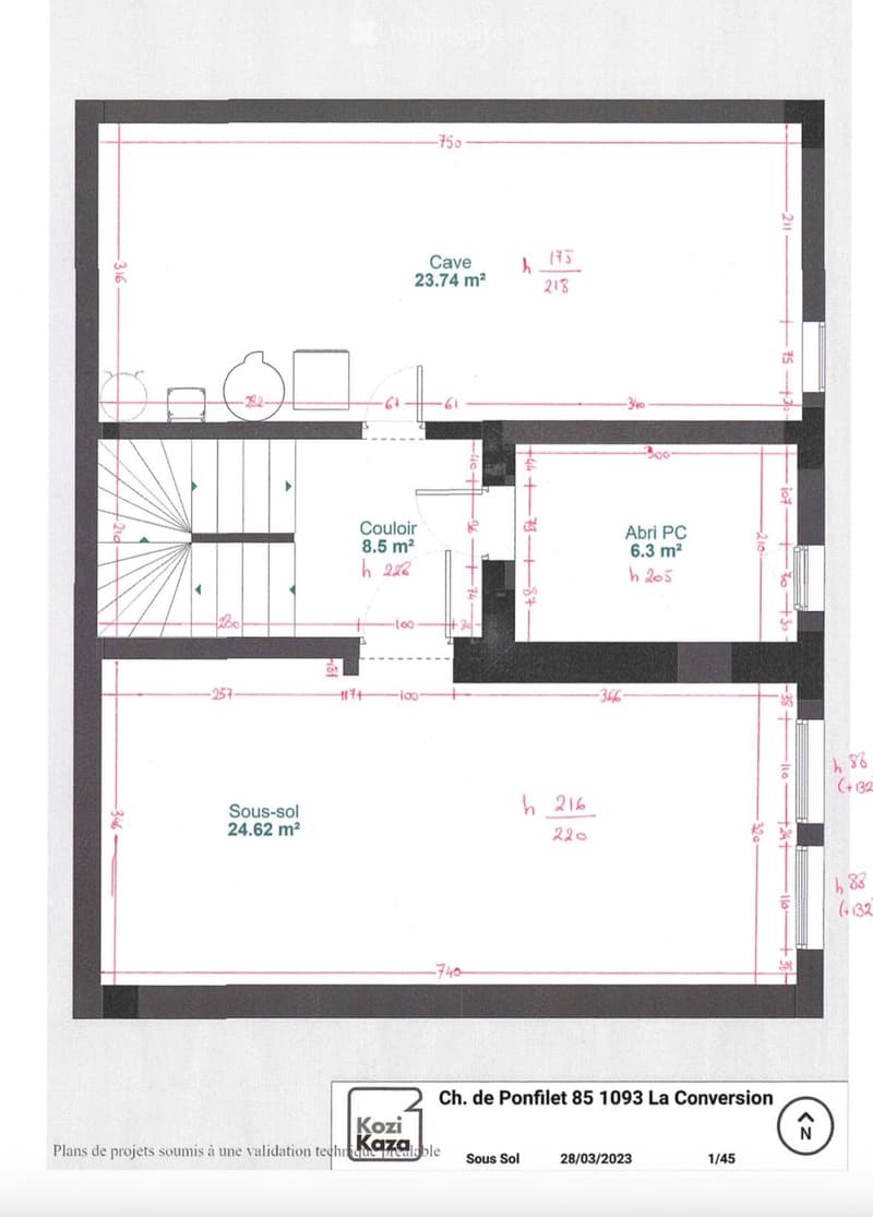 Floor plan of a basement level showing a cave (23.74 m²), a storage area (8.5 m²), an open PC area (6.3 m²), and a basement space (24.62 m²).