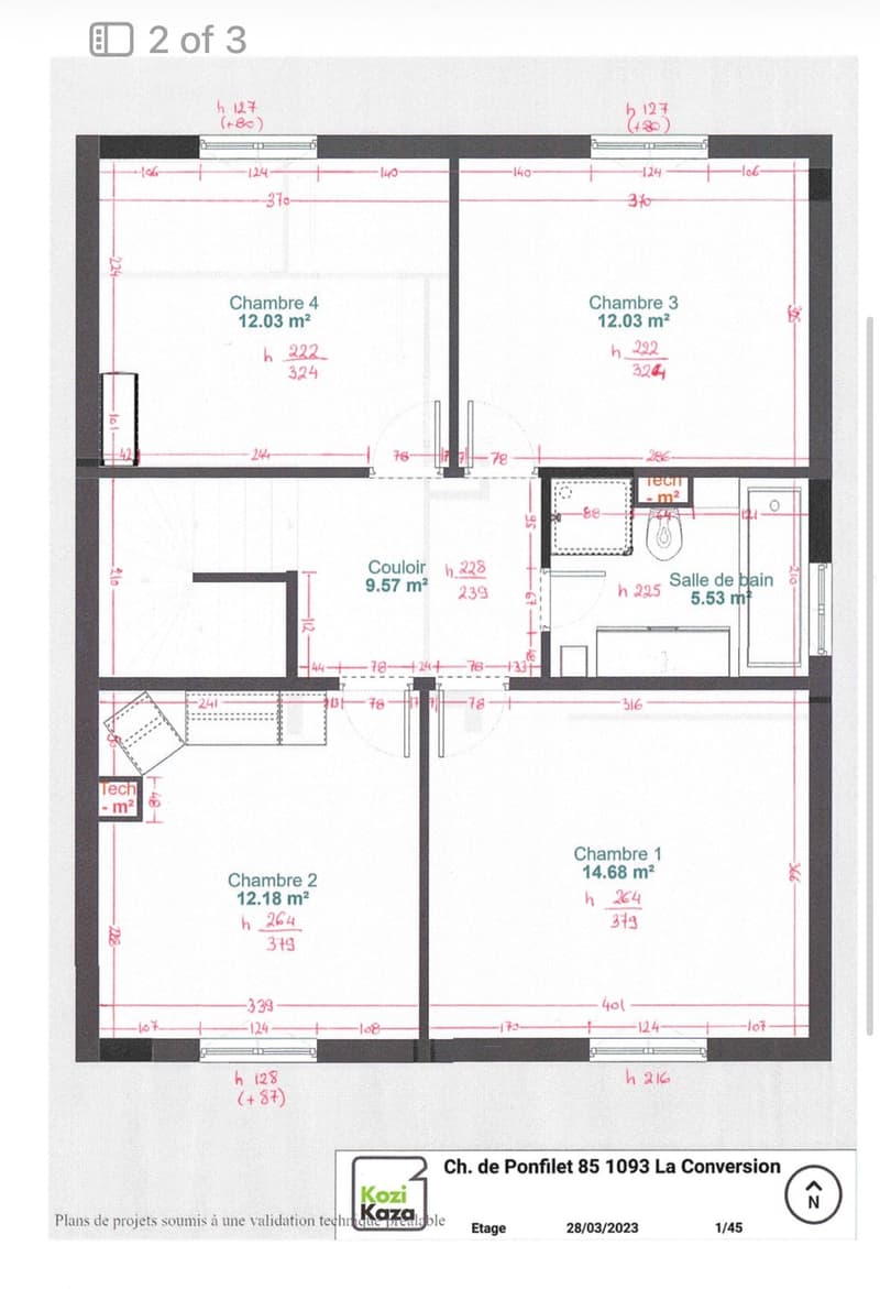 Floor plan showing four bedrooms, a living room, a bathroom, and technical spaces with labeled dimensions and heights.