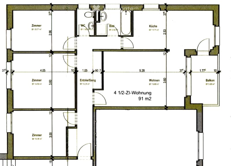 Floor plan of a 4.5-room apartment with91 m² total area, including living room, kitchen, 3 bedrooms, bathroom, entrance hall, and balcony.
