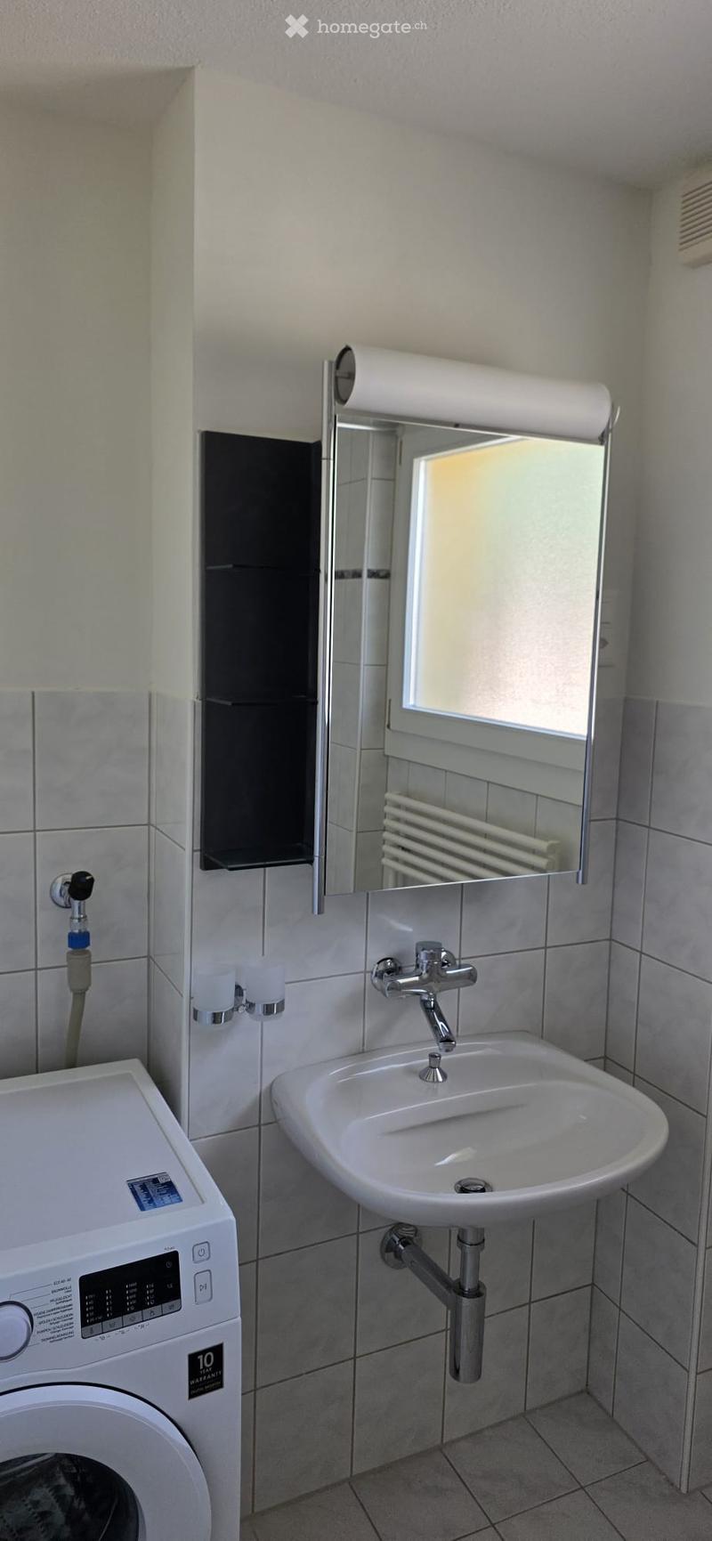 Modern bathroom with a white sink, chrome faucet, mirror, radiator, toilet paper holder, and a washing machine. The walls are tiled in light grey, and there is a small window above the sink.