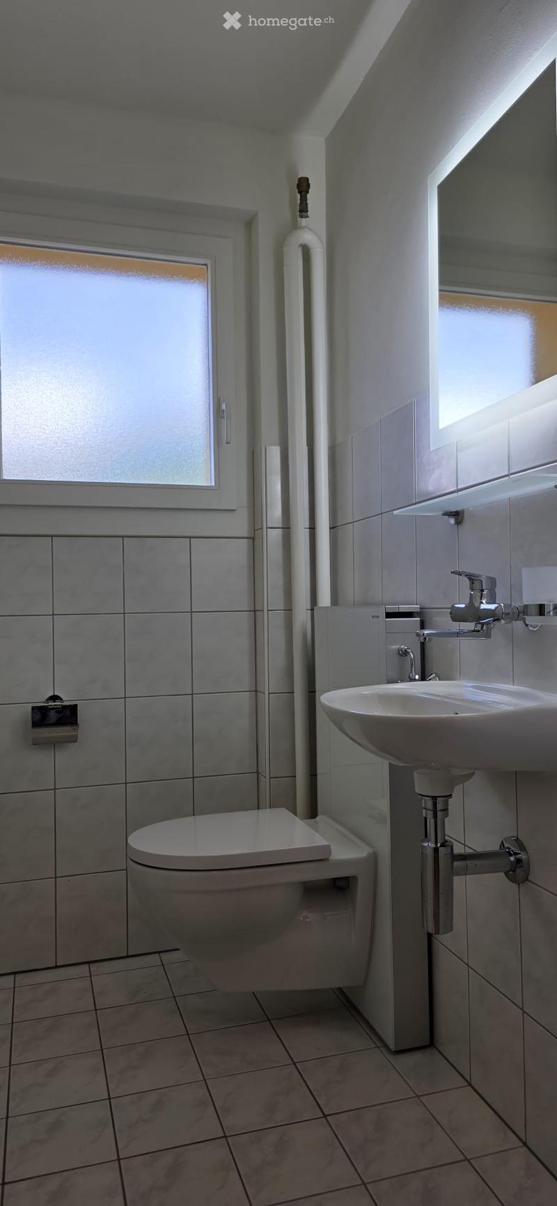 Modern bathroom with a toilet, sink, and mirror. The walls are tiled, and the floor is tiled as well. There is a window providing natural light.