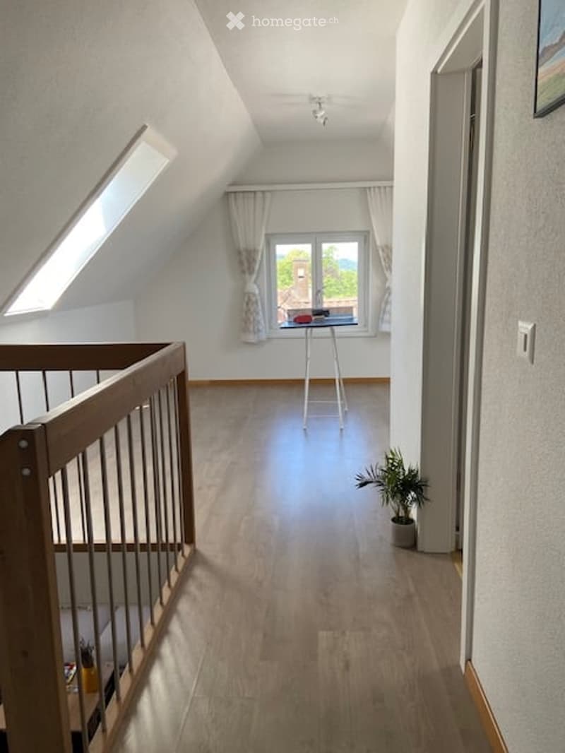 Bright hallway with wooden flooring, white walls, and skylight windows. A small table with a plant sits near the window, and a wooden railing is visible on the left side.