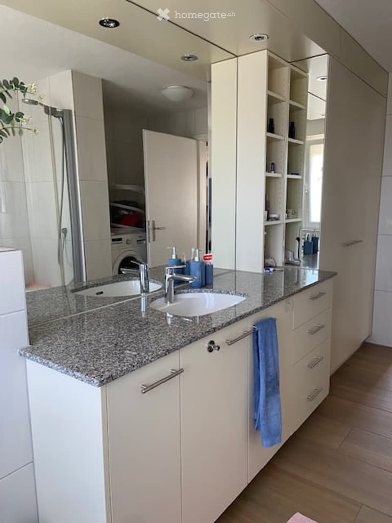 Modern bathroom with a double sink, granite countertop, large mirror, built-in cabinets, and a washing machine visible in the background.