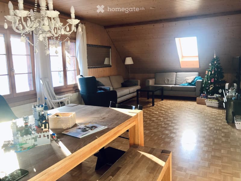 wood floor, chandelier, two sofas, coffee table, armchair, window with a white curtain, Christmas tree, toys, books