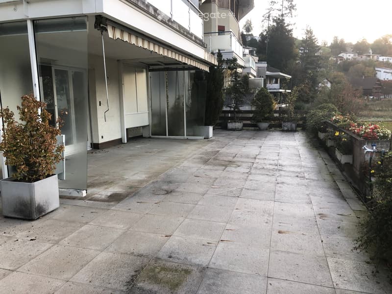 Spacious outdoor patio with stone tiles, glass sliding doors leading to a building, potted plants, and a view of surrounding greenery and houses.