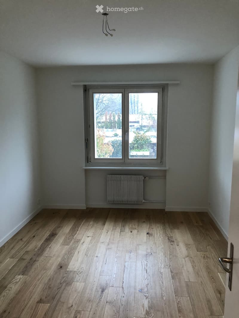 Empty room with light wooden flooring, white walls, a window with double doors, and a radiator below the window.