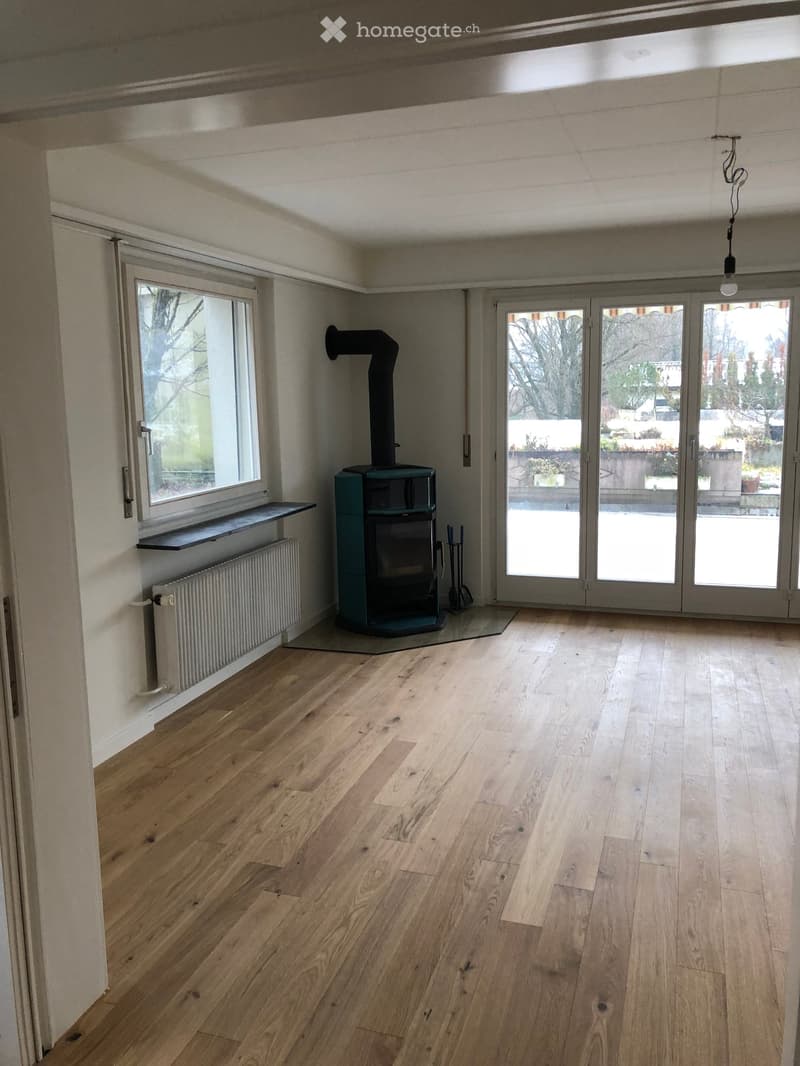 Empty room with wooden flooring, large windows, and a fireplace with a chimney. The room has a radiator and a shelf on one wall.